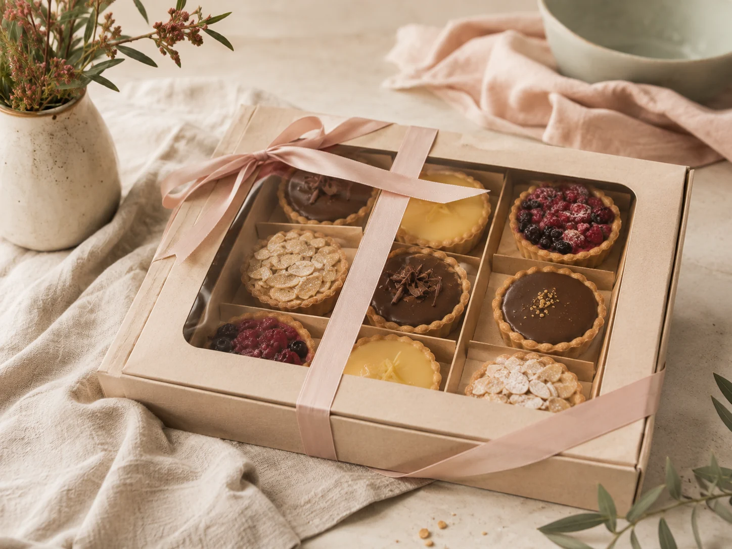 A ribboned box filled with assorted mini tarts.