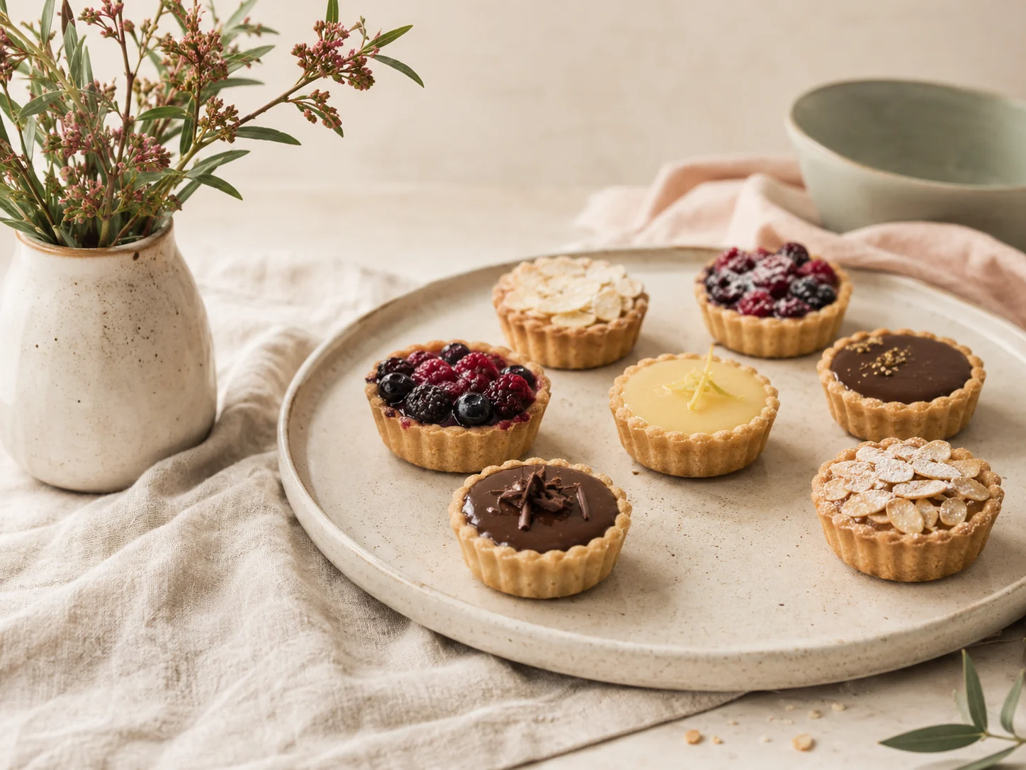 A selection of mini tarts arranged on a ceramic platter.