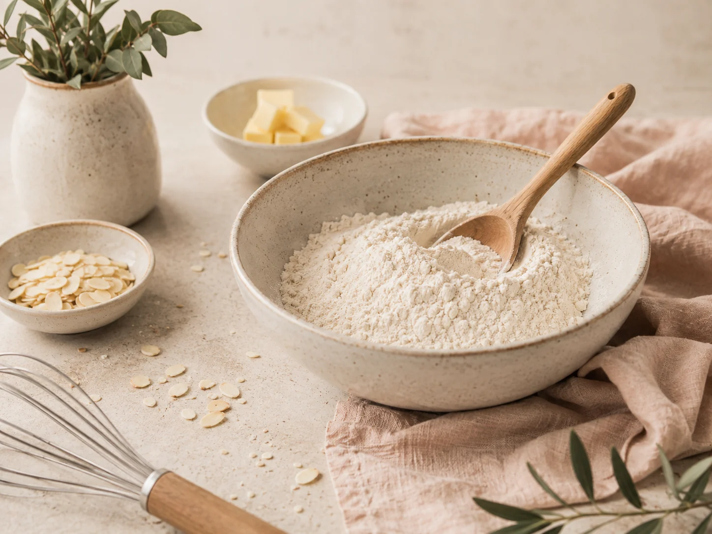 Flour, butter and baking ingredients on a rustic work surface.